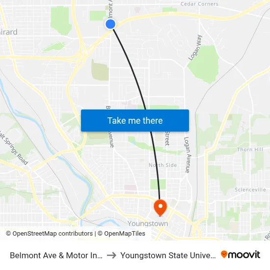 Belmont Ave & Motor Inn Dr to Youngstown State University map
