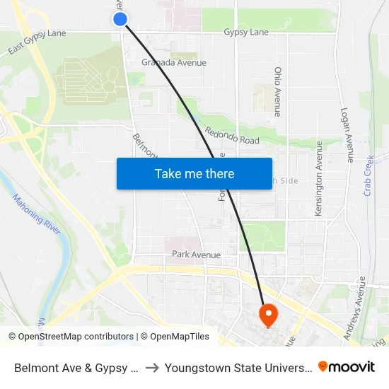Belmont Ave & Gypsy Ln to Youngstown State University map