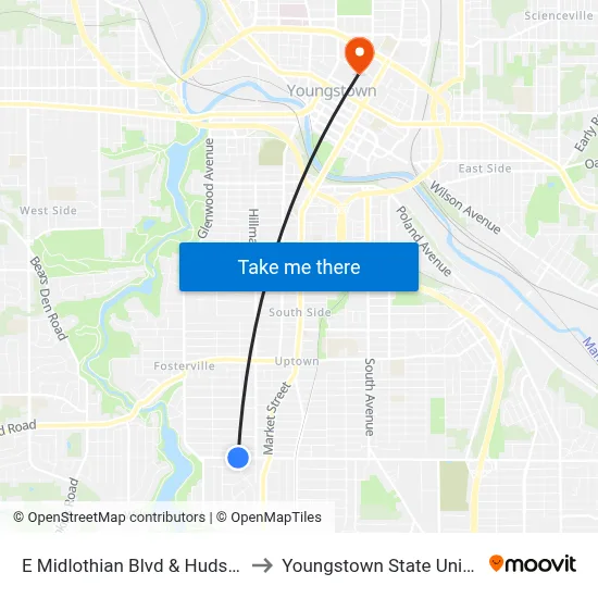 E Midlothian Blvd & Hudson Ave to Youngstown State University map