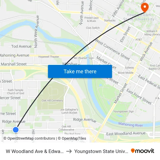 W Woodland Ave & Edwards St to Youngstown State University map