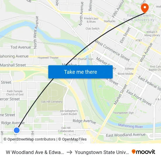 W Woodland Ave & Edwards St to Youngstown State University map