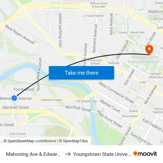 Mahoning Ave & Edwards St to Youngstown State University map