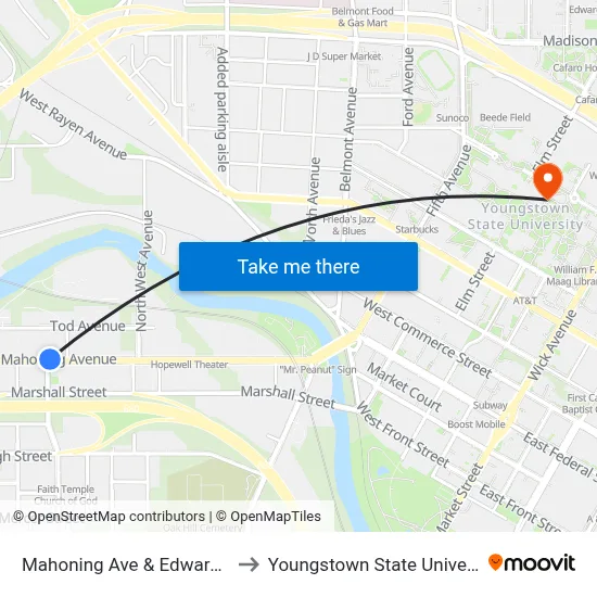 Mahoning Ave & Edwards St to Youngstown State University map