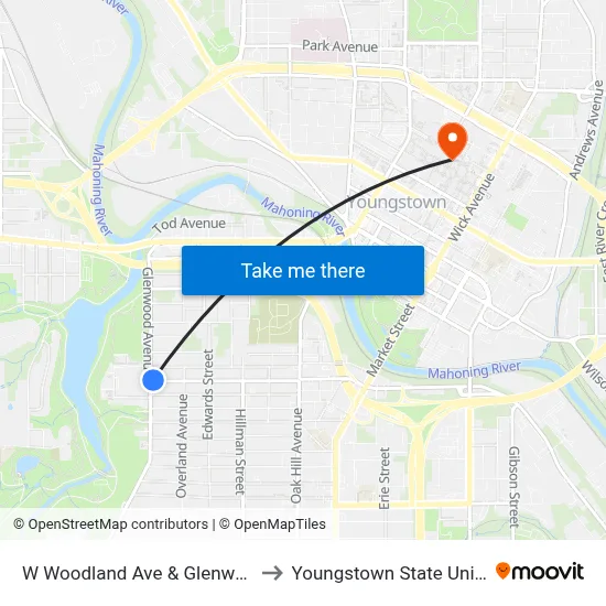 W Woodland Ave & Glenwood Ave to Youngstown State University map