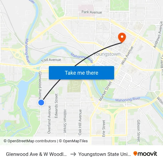 Glenwood Ave & W Woodland Ave to Youngstown State University map