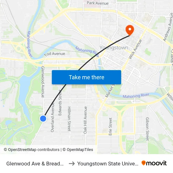 Glenwood Ave & Breaden St to Youngstown State University map