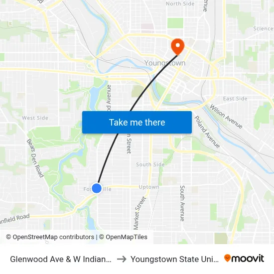 Glenwood Ave & W Indianola Ave to Youngstown State University map