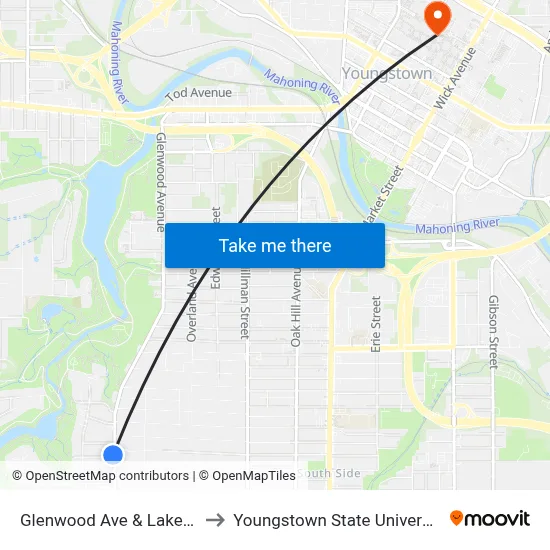 Glenwood Ave &  Lake Dr to Youngstown State University map