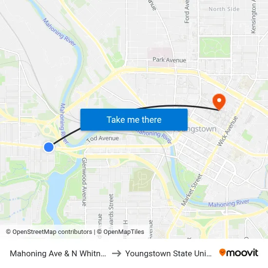 Mahoning Ave & N Whitney Ave to Youngstown State University map