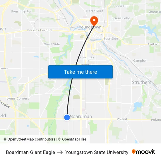 Boardman Giant Eagle to Youngstown State University map