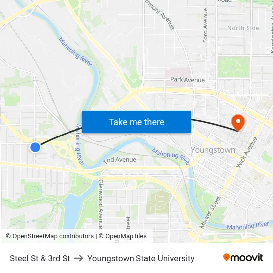 Steel St & 3rd St to Youngstown State University map