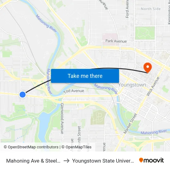 Mahoning Ave & Steel St to Youngstown State University map