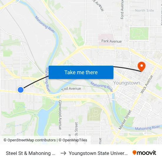Steel St & Mahoning Ave to Youngstown State University map