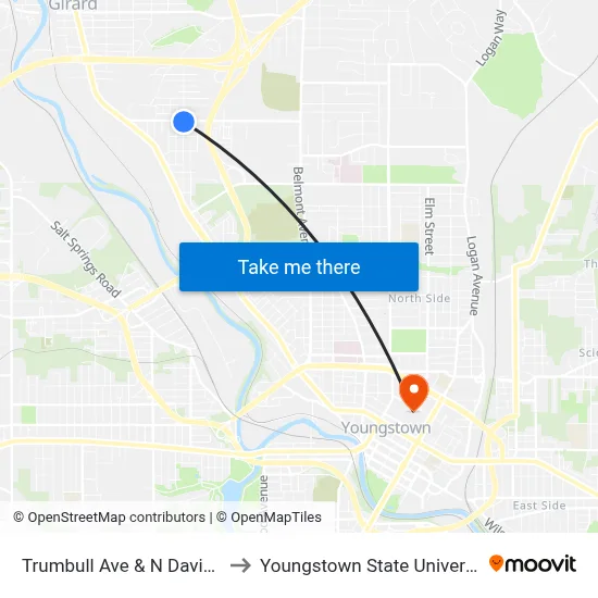Trumbull Ave & N Davis St to Youngstown State University map