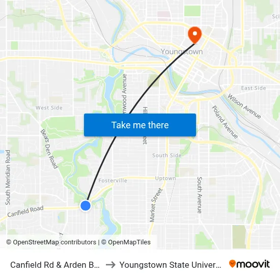 Canfield Rd & Arden Blvd to Youngstown State University map
