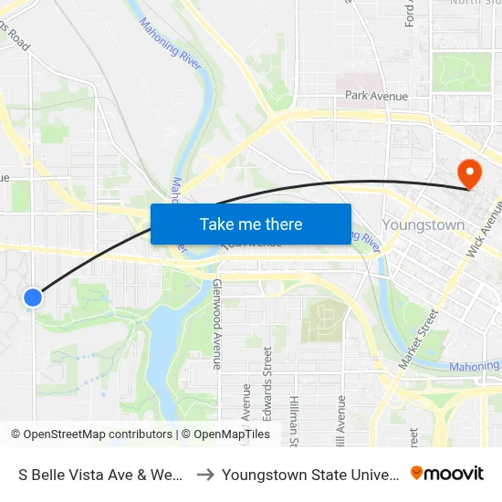 S Belle Vista Ave & Wehr St to Youngstown State University map