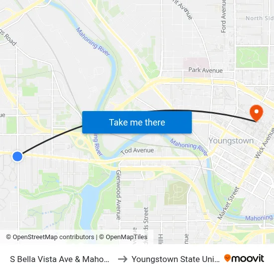S Bella Vista Ave & Mahoning Ave to Youngstown State University map
