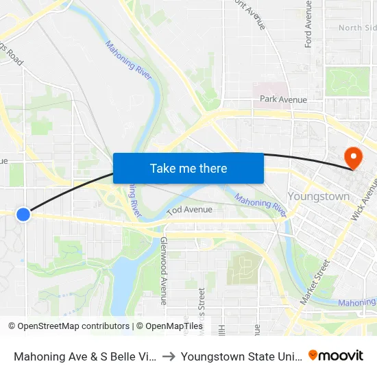 Mahoning Ave & S Belle Vista Ave to Youngstown State University map