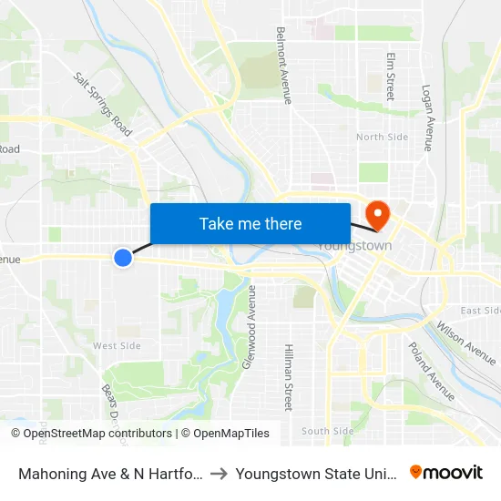 Mahoning Ave & N Hartford Ave to Youngstown State University map