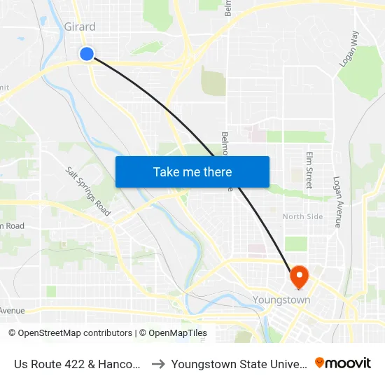 Us Route 422 & Hancock St to Youngstown State University map