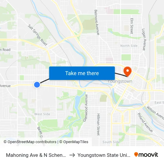 Mahoning Ave & N Schenley Ave to Youngstown State University map