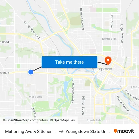 Mahoning Ave & S Schenley Ave to Youngstown State University map