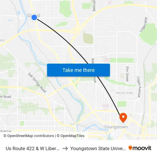 Us Route 422 & W Liberty St to Youngstown State University map