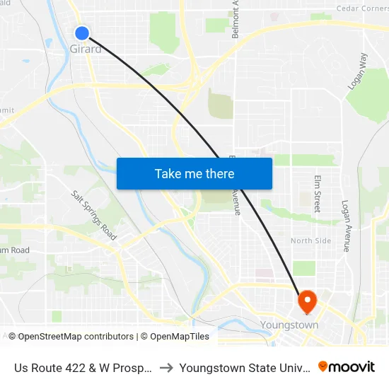 Us Route 422 & W Prospect St to Youngstown State University map