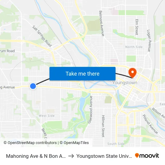 Mahoning Ave & N Bon Air Ave to Youngstown State University map