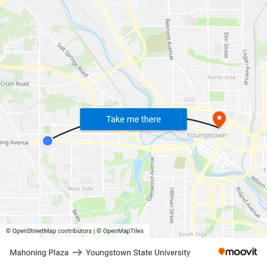 Mahoning Plaza to Youngstown State University map