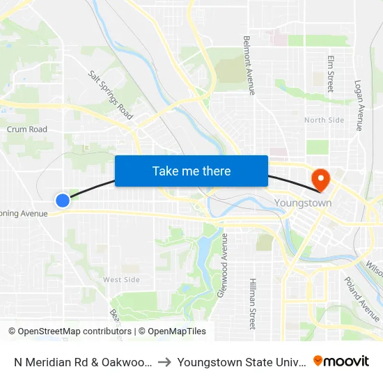 N Meridian Rd & Oakwood Ave to Youngstown State University map