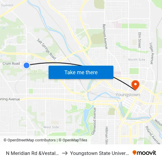 N Meridian Rd &Vestal Rd to Youngstown State University map