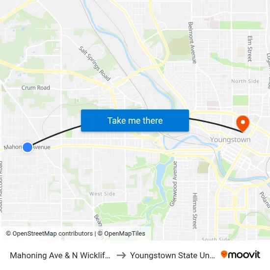 Mahoning Ave & N Wickliffe Circle to Youngstown State University map