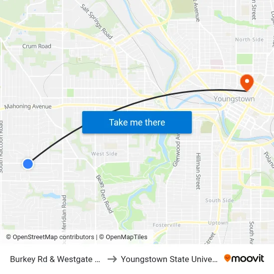 Burkey Rd & Westgate Blvd to Youngstown State University map