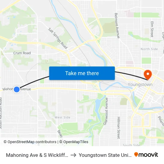 Mahoning Ave & S Wickliffe Circle to Youngstown State University map