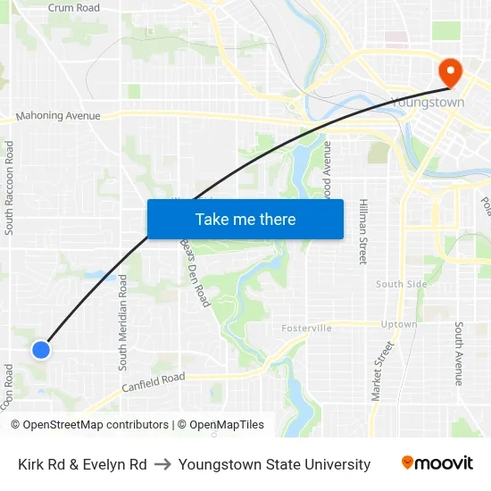 Kirk Rd & Evelyn Rd to Youngstown State University map