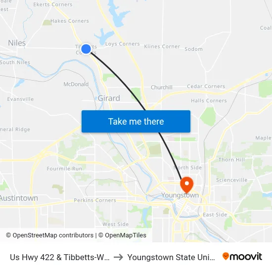 Us Hwy 422 & Tibbetts-Wick Rd to Youngstown State University map