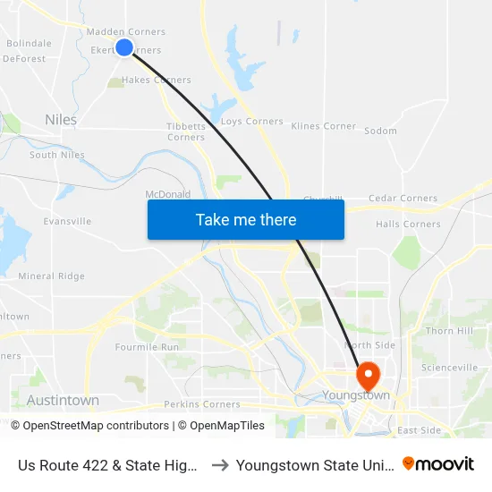 Us Route 422 & State Highway 46 to Youngstown State University map