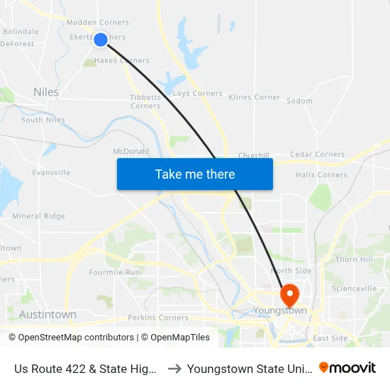 Us Route 422 & State Highway 46 to Youngstown State University map