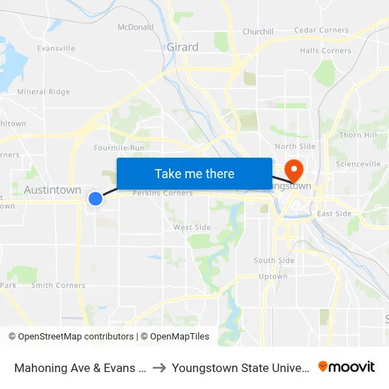 Mahoning Ave & Evans Ave to Youngstown State University map