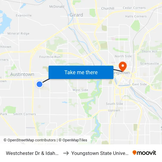 Westchester Dr & Idaho Rd to Youngstown State University map