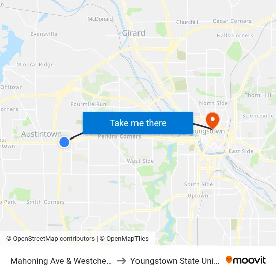 Mahoning Ave & Westchester Dr to Youngstown State University map