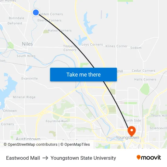 Eastwood Mall to Youngstown State University map
