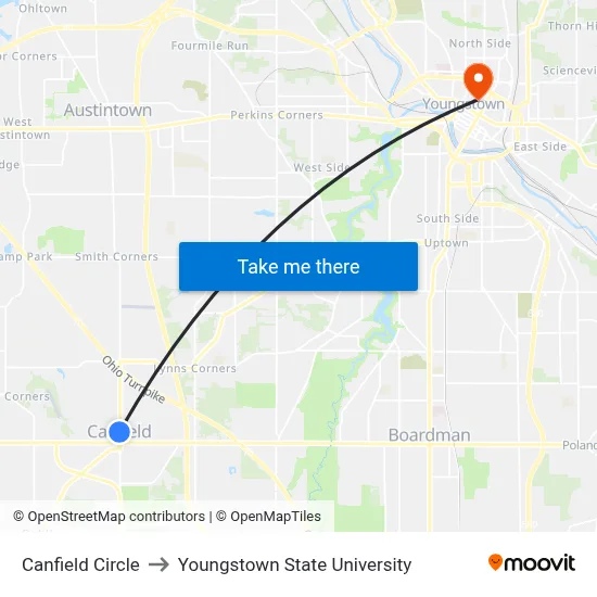 Canfield Circle to Youngstown State University map
