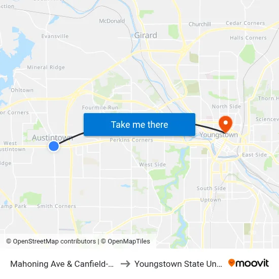 Mahoning Ave & Canfield-Niles Rd to Youngstown State University map