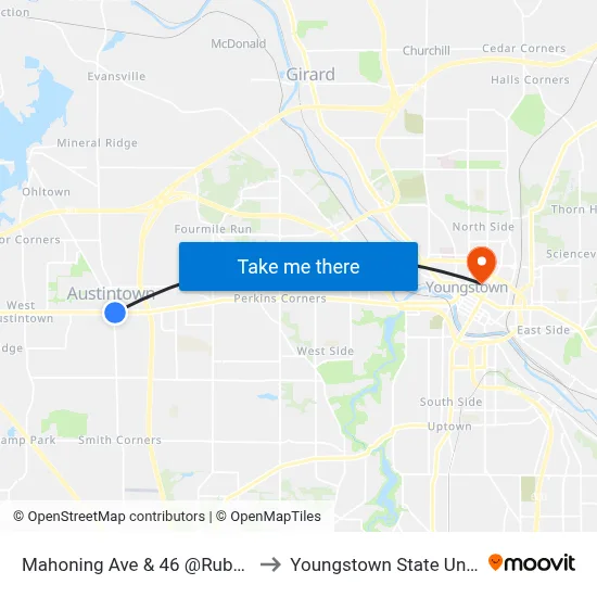 Mahoning Ave & 46 @Rubytuesday to Youngstown State University map