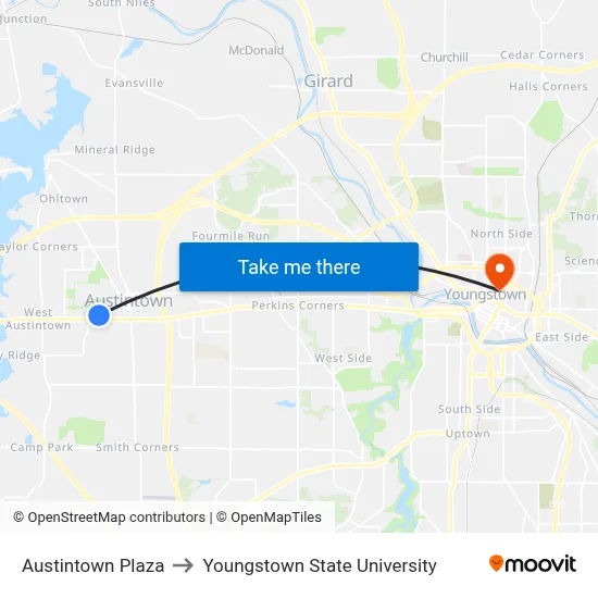 Austintown Plaza to Youngstown State University map