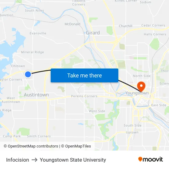 Infocision to Youngstown State University map