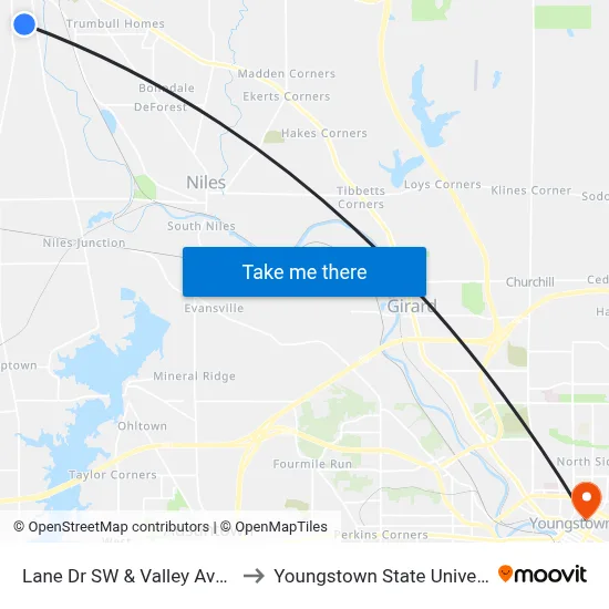 Lane Dr SW & Valley Ave SW to Youngstown State University map