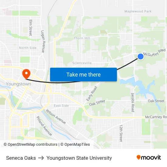 Seneca Oaks to Youngstown State University map